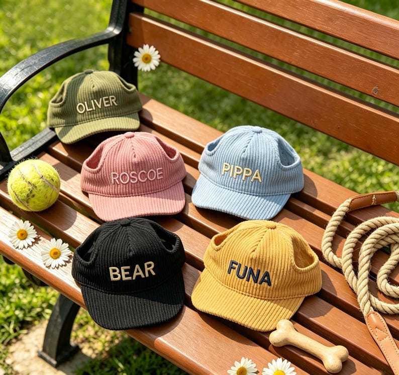 May include: Five corduroy dog hats in olive green, pink, light blue, black, and yellow. Each hat has ear holes and a name embroidered on the front: OLIVER, ROSCOE, PIPPA, BEAR, and FUNA. A tennis ball and daisy flowers are also visible.
