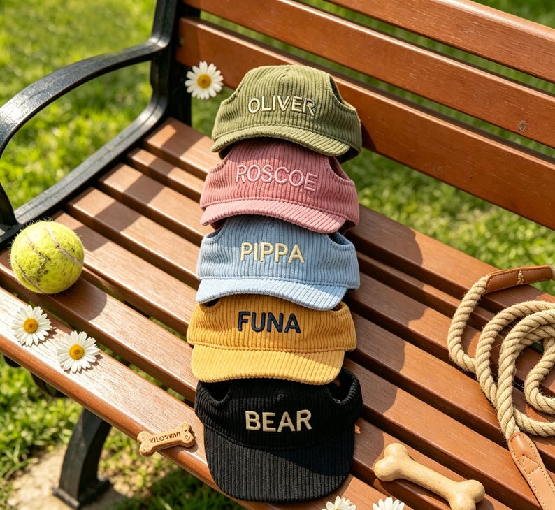 May include: A stack of corduroy dog hats in olive green, pink, light blue, yellow, and black, each embroidered with a name in a matching color. The hats are on a wooden bench with a tennis ball and daisies.