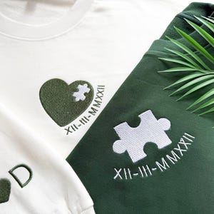 Custom Embroidered Heart and Puzzle Piece Sweatshirt, Initial With Heart On Sleeve, Roman numeral wedding gift / anniversary date hoodie