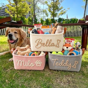 Peut inclure: Trois paniers pour animaux de compagnie en velours côtelé crème, rose et gris, personnalisés avec le nom d'un chien en cursive. Les paniers sont remplis de jouets pour chiens, de friandises et de balles de tennis. Un chien golden retriever est en arrière-plan.