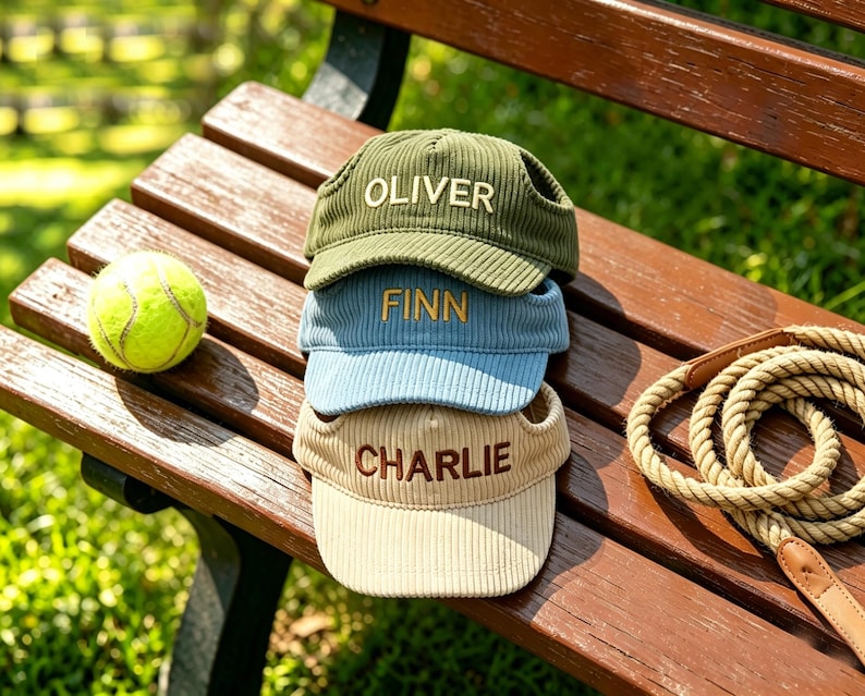 May include: Three corduroy dog visors stacked on a wooden bench. The visors are olive green, light blue, and beige, each embroidered with a name in a matching color. A tennis ball and a dog leash are also on the bench.