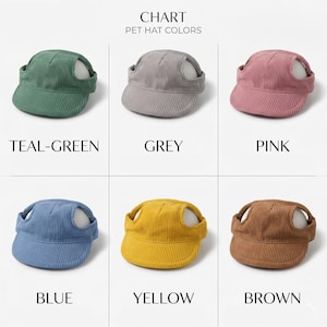 May include: A chart displaying six corduroy pet hats in various colors: teal-green, grey, pink, blue, yellow, and brown. Each hat has ear holes and a small brim. The text "CHART PET HAT COLORS" is at the top.