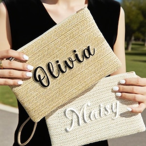 Personalisierte Make-up Tasche mit Namen, bestickte Stroh Clutch Stroh Tasche, benutzerdefinierte Initialen Griff Tasche, Brautjungfer Geschenk, Brautjungfer Geschenke