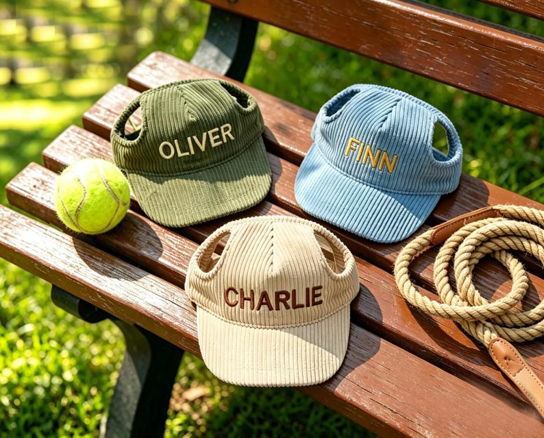 May include: Three corduroy dog hats in green, blue, and beige, each embroidered with a name: "OLIVER", "FINN", and "CHARLIE". A tennis ball and a rope leash are also on the wooden bench. The hats have ear holes.