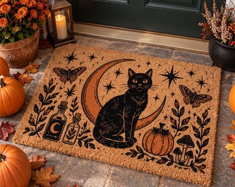 Black Cat Moon Coir Doormat, Witchy Halloween Front Door Mat, Celestial Decor