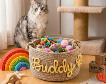 Cesta de juguetes personalizada para mascotas: cesta de almacenamiento tejida personalizada con nombre, organizador de juguetes para perros o gatos, cesta de regalo para mascotas