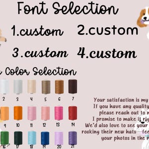 May include: Image with text for font and line color selection. Includes illustrations of dogs. Text reads: Font Selection, 1. custom, 2. custom, 3. custom, 4. custom, line Color Selection, and a message about customer satisfaction.
