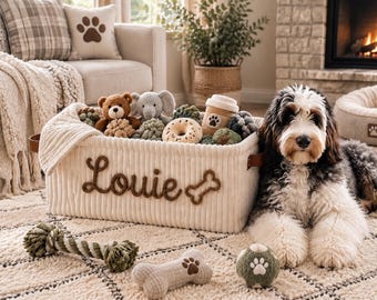 Cesta de juguetes para perros personalizada, cesta con nombre personalizado, almacenamiento de juguetes para mascotas, cesta de cuerda de algodón para regalo, cesta de juguetes para mascotas, regalo con nombre de mascota, almacenamiento de juguetes personalizado