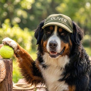 May include: A Bernese Mountain Dog wearing an olive green corduroy baseball cap with the name OLIVER embroidered in white letters on the front. The dog has one paw resting on a bright yellow tennis ball placed on a wooden post.