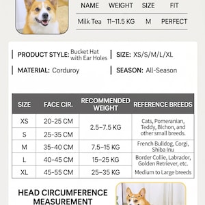 May include: A product information graphic for a pet bucket hat with ear holes. The hat is made of corduroy and suitable for all seasons. The graphic includes size charts, breed recommendations, and head circumference measurements in centimeters.