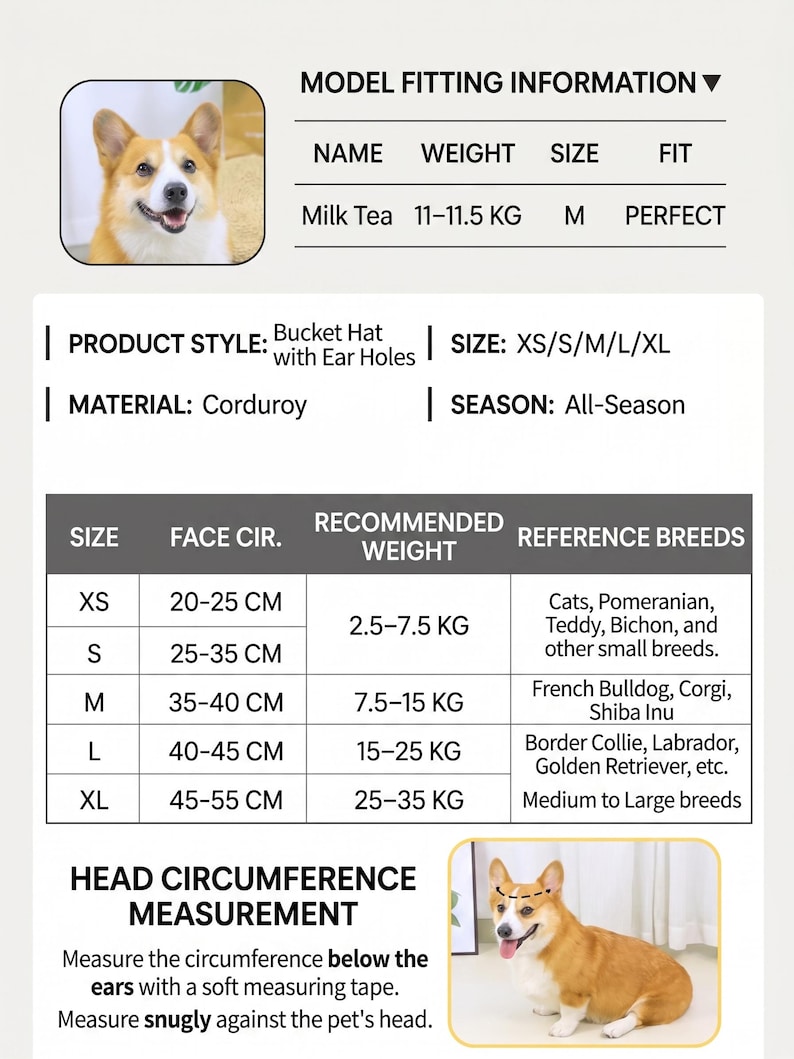 May include: A product information graphic for a pet bucket hat with ear holes. The hat is made of corduroy and suitable for all seasons. The graphic includes size charts, breed recommendations, and head circumference measurements in centimeters.