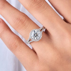 2.00 CT Round Cut Diamond Engagement Ring with Halo, Split Shank Ring, D E Colour VVS Lab Grown Diamond Ring, Anniversary Gift for Wife