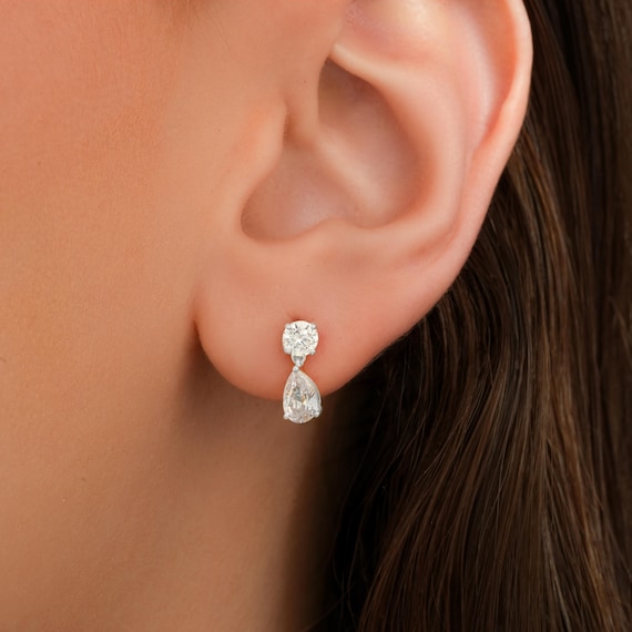 Round and Pear CZ Drop Stud Earrings in 925 Sterling Silver | Dangle Drop CZ Earrings | Bridal Earrings | Elegant Gift for Her