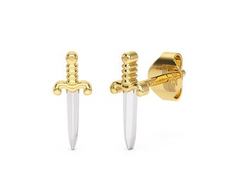 Minimalist Sword Stud Earrings in 925 Sterling Silver | Dual Tone Sword Earrings | Edgy Silver Sword Jewellery | Gothic Jewellery Gift
