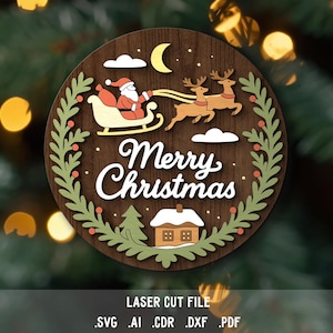 Frohe Weihnachten SVG. Laserschnittdatei für Glowforge. Nikolaus, Schlitten mit Rentier, Türschild