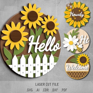 Pacchetto SVG Girasoli. File tagliato al laser per Glowforge. Fiori, benvenuto, appendino per porta