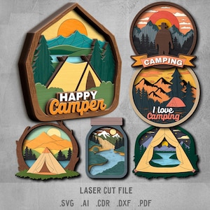 Paquete SVG de camping. Archivo cortado a láser para Glowforge. Naturaleza, montañas, tienda de campaña, río.