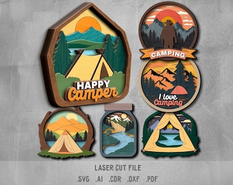 Camping SVG-paket. Laserskuren fil för Glowforge. Natur, berg, tält, flod