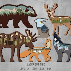 Waldtiere SVG Bundle. Laserschnittdatei für Glowforge. Natur, Gebirge