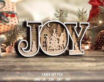 Joy SVG. Laser cut file for Glowforge. Christmas sign, Decorating Christmas Tree, Winter town, Snowman