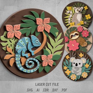 Pacote SVG de animais da selva. Arquivo de corte a laser para Glowforge. Natureza, camaleão, coala, preguiça, lêmure