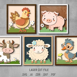 Baby Bauernhof Tiere SVG Bundle. Laserschnittdatei für Glowforge. Niedliche Tierrahmen, Lamm-Entchen