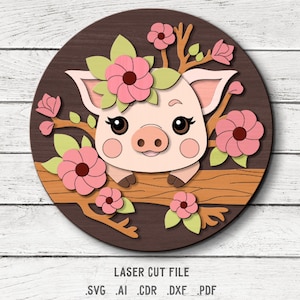 Cochon SVG. Fichier découpé au laser pour Glowforge. Animal de la ferme, fleurs