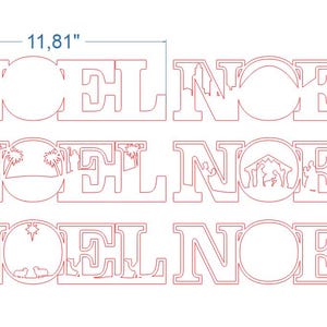 May include: Laser-cut wooden "NOEL" sign, 11.81 inches wide and 3.13 inches high. The letters are filled with various Christmas-themed cutouts, including a cityscape, palm trees, a nativity scene, and a star with sheep.