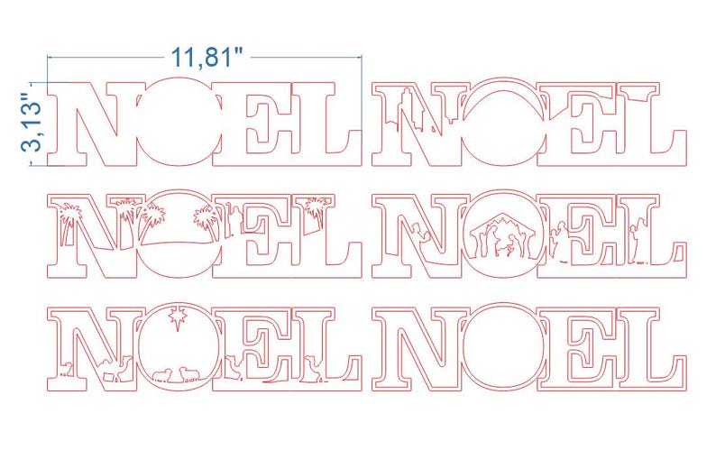 May include: Laser-cut wooden "NOEL" sign, 11.81 inches wide and 3.13 inches high. The letters are filled with various Christmas-themed cutouts, including a cityscape, palm trees, a nativity scene, and a star with sheep.