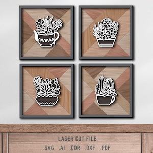 Pacchetto SVG di piante grasse. File tagliato al laser per Glowforge. Piante da appartamento in vaso, cactus, teiera, cornici a più livelli, decorazioni da parete.