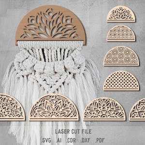 May include: Wooden laser-cut wall decor featuring a half-circle design with intricate patterns. The image includes a large macrame wall hanging and several smaller wooden cutouts. The text "LASER CUT FILE" is visible.
