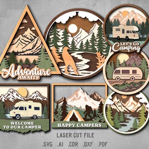 Paquete SVG para acampar. Archivo cortado por láser para Glowforge. Naturaleza, autocaravana, montaña.