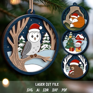 Lot de jouets SVG pour arbre de Noël. Fichier découpé au laser pour Glowforge. Décoration de Noël, forêt d'hiver, hibou, renard, souris, ours