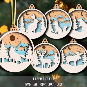 Paquete SVG de juguetes para árboles de Navidad. Archivo cortado con láser para Glowforge. Adornos navideños, animales del bosque invernal