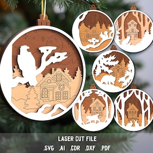 クリスマスツリーのおもちゃの SVG バンドル。Glowforge 用のレーザーカット ファイル。メリー クリスマスの飾り、森の動物