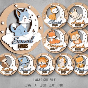Nom de bébé SVG Bundle. Fichier découpé au laser pour Glowforge. Lune, nuage, loup, licorne