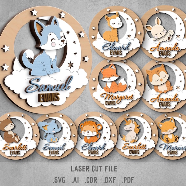 Baby Name Sign SVG Bundle. Laser cut file for Glowforge. Moon, cloud, wolf, unicorn