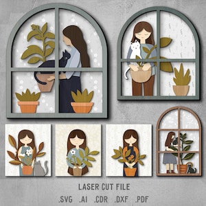Pacote de Meninas com Plantas de Casa SVG. Arquivo cortado a laser para Glowforge. Janela, plantas, flores, gato, decoração de parede floral.