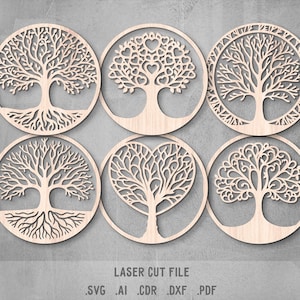 Puede incluir: Seis diseños de árboles de madera cortados con láser en marcos circulares. Los árboles tienen intrincados detalles de ramas y raíces, uno de ellos con un diseño en forma de corazón. El texto "LASER CUT FILE" y las extensiones de tipo de archivo son visibles.