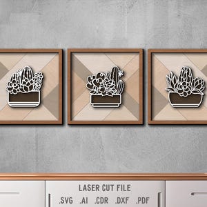 Paquete SVG de suculentas. Archivo cortado a láser para Glowforge. Plantas de interior en macetas, cactus, marcos con capas, decoración de pared.
