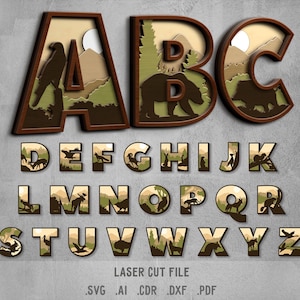 Nature Alphabet SVG. File tagliato al laser per Glowforge. Animali della foresta, montagne