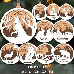 Lot de jouets SVG pour arbre de Noël. Fichier découpé au laser pour Glowforge. Décoration de Noël, ville d'hiver, animaux de la forêt, ours, lièvre, renard