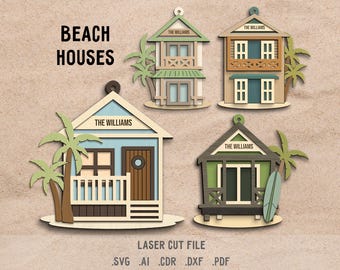 Beach Houses SVG Bundle. Laser cut file for Glowforge. Summer pendants, Christmas tree toy, family name ornaments