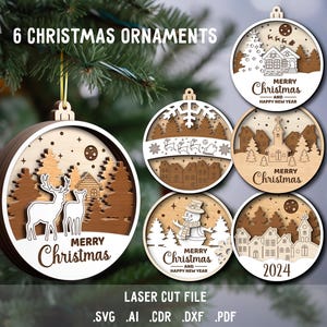 クリスマスツリーのおもちゃの SVG バンドル。Glowforge 用のレーザーカット ファイル。メリー クリスマスの飾り、冬の村