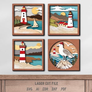 May include: Four framed wooden wall art pieces featuring coastal scenes. Each piece depicts a lighthouse, with varying designs including a sailboat, seagull, and ocean views. The artwork is laser cut, with the text "LASER CUT FILE" at the bottom.