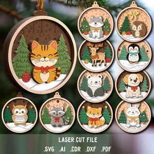 Pacote SVG de brinquedos de árvore de Natal. Arquivo de corte a laser para Glowforge. Enfeite de Natal, animais, guaxinim, pinguim, ouriço
