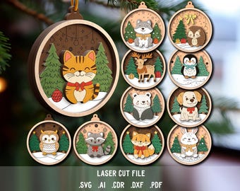 Christmas Tree Toy SVG Bundle. Laser cut file for Glowforge. Christmas ornament, animals, raccoon, penguin, hedgehog