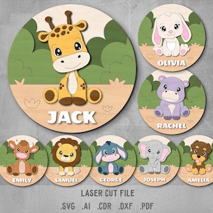 Tiere Baby Namen Zeichen SVG Bundle. Laserschnittdatei für Glowforge. Esel, Hund, Löwe, Giraffe, Nilpferd