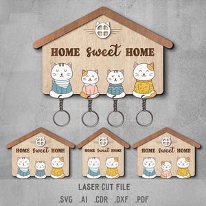 Pacchetto SVG di portachiavi a forma di gatto. File tagliato al laser per Glowforge. Casa dolce casa, famiglia di gatti, portachiavi, casa, benvenuto