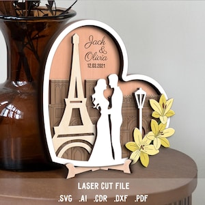 Amor em Paris SVG. Arquivo cortado a laser para Glowforge. Coração, Presente de casamento, Decoração romântica, Data especial